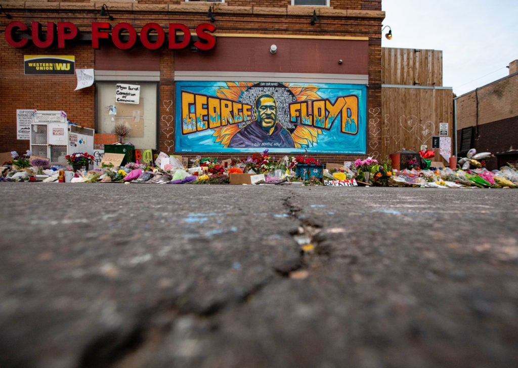 The mural and makeshift memorial outside Cup Foods where George Floyd died in Minneapolis, Minnesota. (Jason Armond / Los Angeles Times via Getty Images)