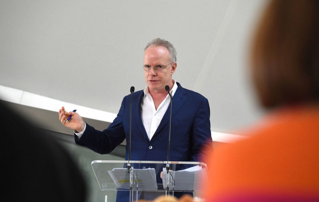 Hans Ulrich Obrist speaks at the Serpentine Galleries Autumn Exhibitions Press conference on September 28, 2016 in London, England. Photo by Stuart C. Wilson/Getty Images for Serpentine Galleries.