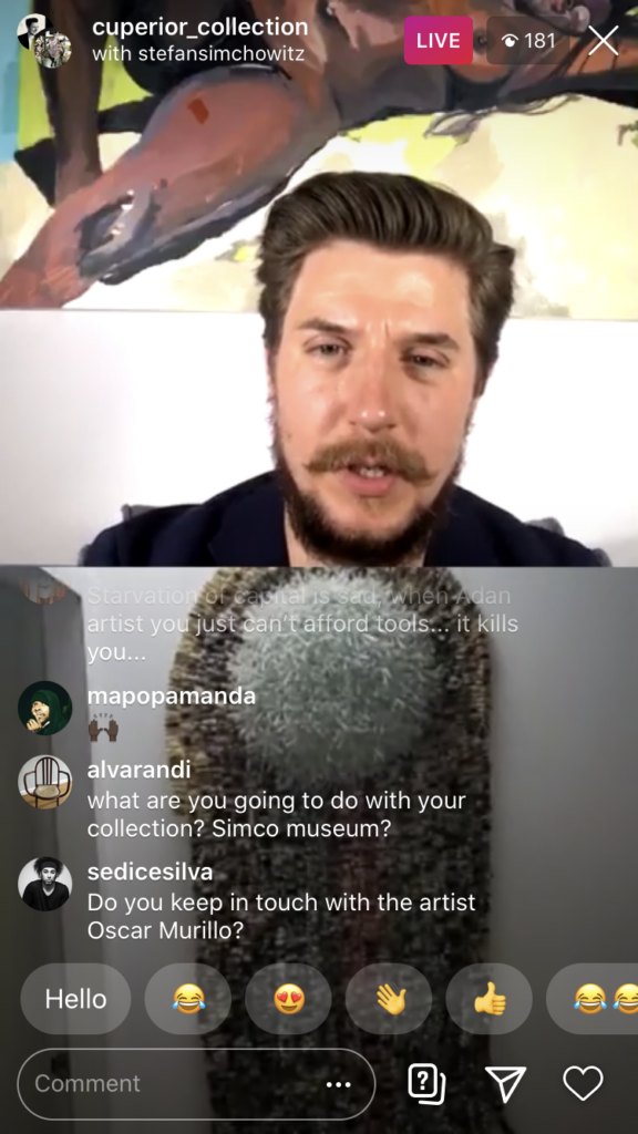 Screen shot of Stefan Simchowitz and Oliver Elst on Instagram Live.