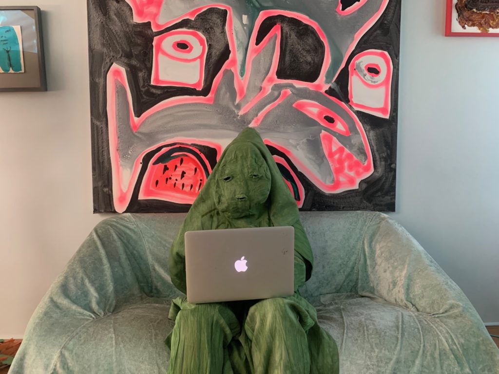 Artist Katie Stout at home wearing Nicola L's Forest (1970–78). Photo courtesy of Katie Stout.