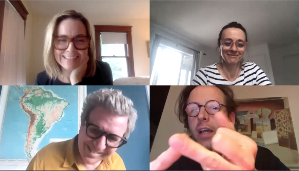 Clockwise from top left: Elizabeth Dee, Claudia Bodin, Johann Koenig, and Marc Glimcher in conversation. Screen shot courtesy of Claudia Bodin.