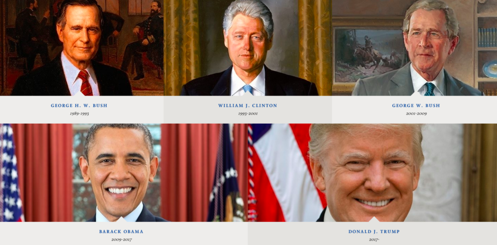 Presidents Bush Sr., Clinton, and Bush Jr.'s portraits on display on the White House website, with a photograph in place of Obama's portrait. 