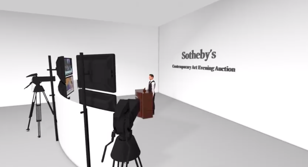 Still from Sotheby's mock auction room set up. Courtesy of Sotheby's.