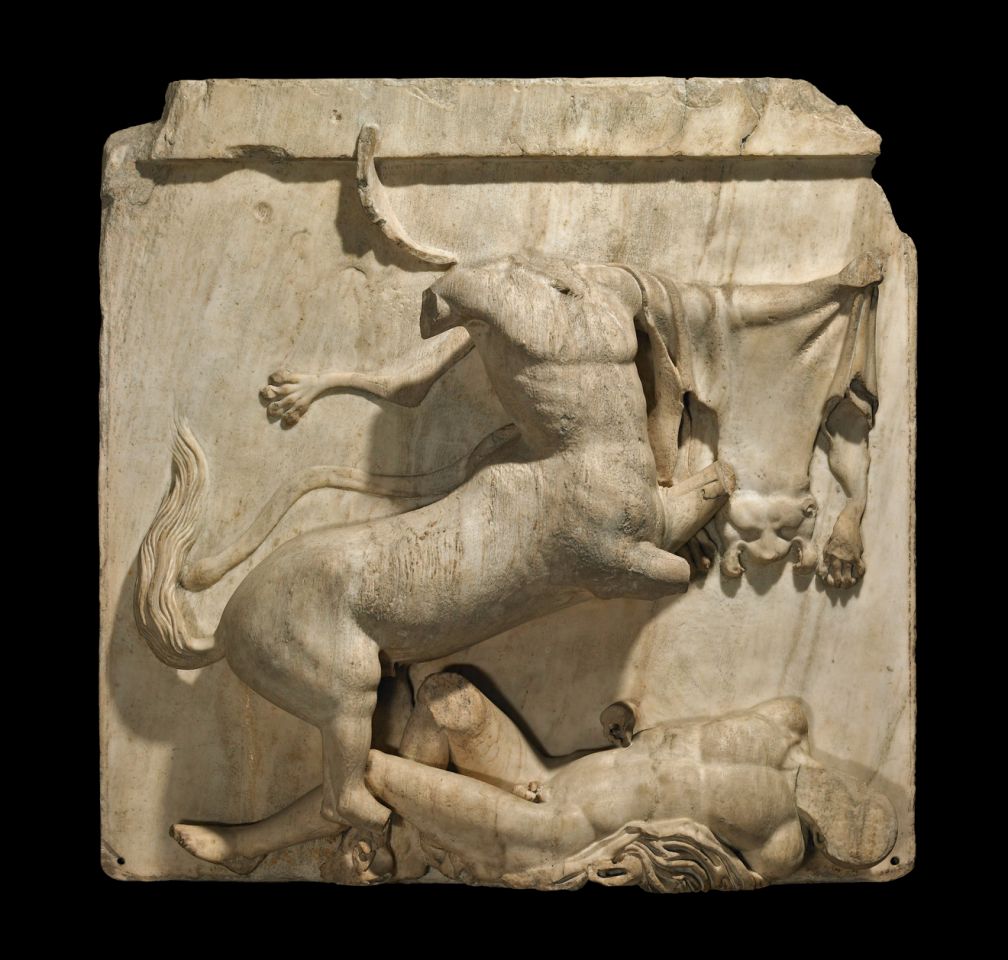 A metope sculpture from the Parthenon showing a mythical battle between a Centaur and a Lapith. Photo ©the Trustees of the British Museum.