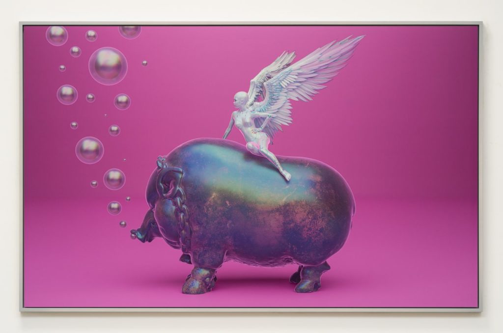 Grimes, <em>WarNymph Prototype #5: Pigly Thee Familiar</eM> (2020). Photo courtesy of the artist and Maccarone Gallery.