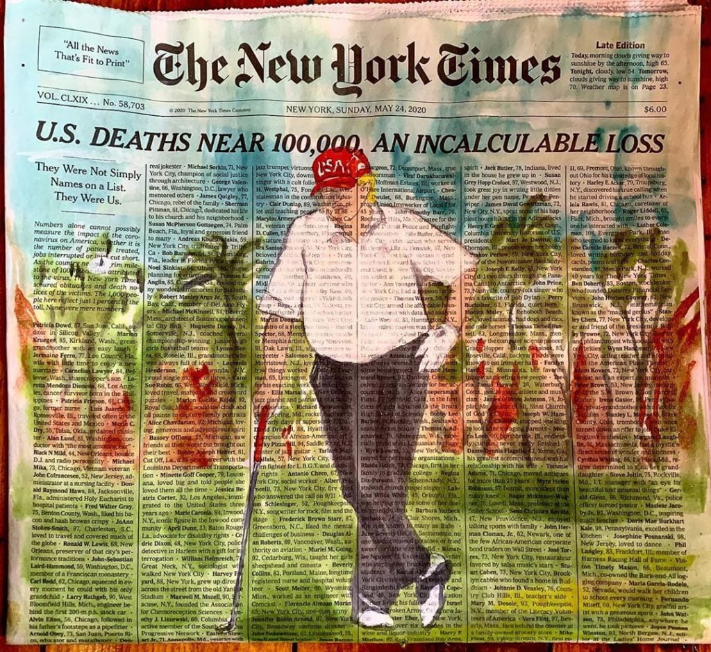 Marcel Dzama made a watercolor of President Donald Trump playing over the New York Times coronavirus cover. Photo courtesy of Marcel Dzama.