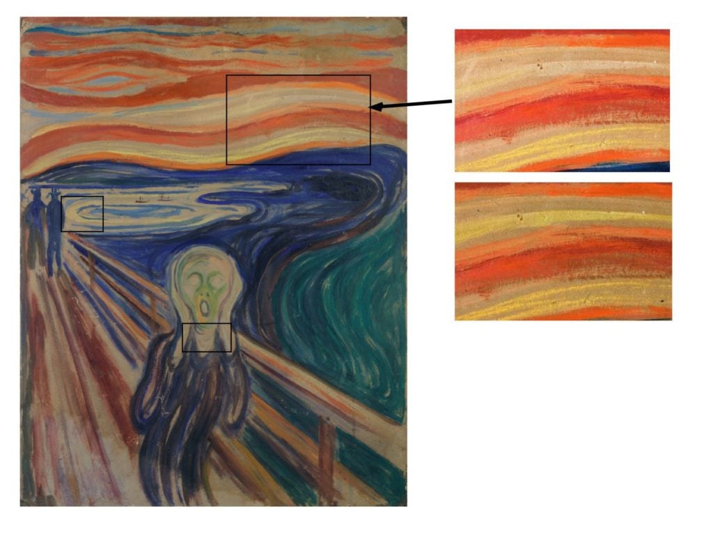 Edvard Munch, <em>The Scream</em> (1910), from the collection of the Munch Museum, Oslo. Top right, a detail of the painting as it is today. Below right, a digital reconstruction of how faded areas might have looked like. Courtesy of the Munch Museum, Oslo.