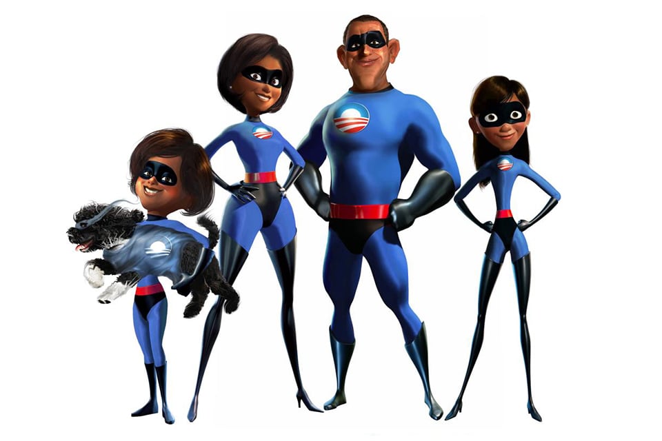 Nikkolas Smith depicted the Obamas as the superhero family from Pixar's <em>The Incredibles</em>. Courtesy of Nikkolas Smith. 