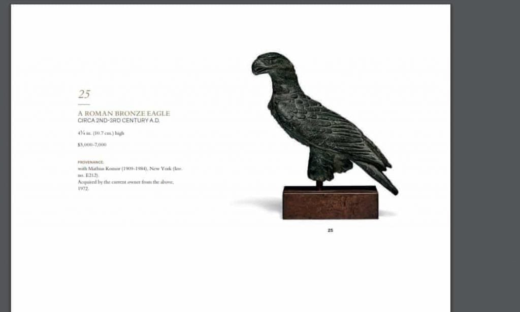 Christie's pulled this Roman bronze eagle sculpture from auction after its ties to a known trafficker in looted antiquities were uncovered. Photo courtesy of Christie's.