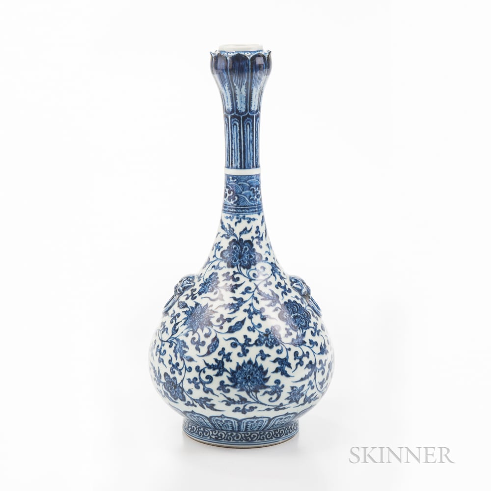 Chinese Blue and White Lotus-mouth Bottle Vase, courtesy of Skinner Auctions.