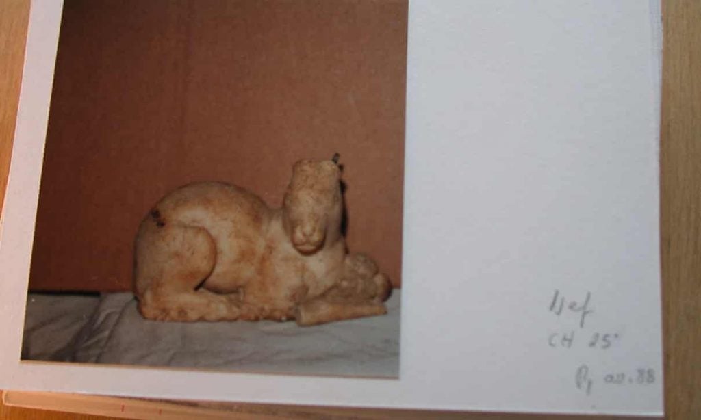 This photograph of a Roman marble hare sculpture from the archives of Italian antiquities dealer Gianfranco Becchina, convicted of selling looted art, matches a work that was set to be sold at an upcoming Christie's auction. Photo courtesy of Becchina archive.