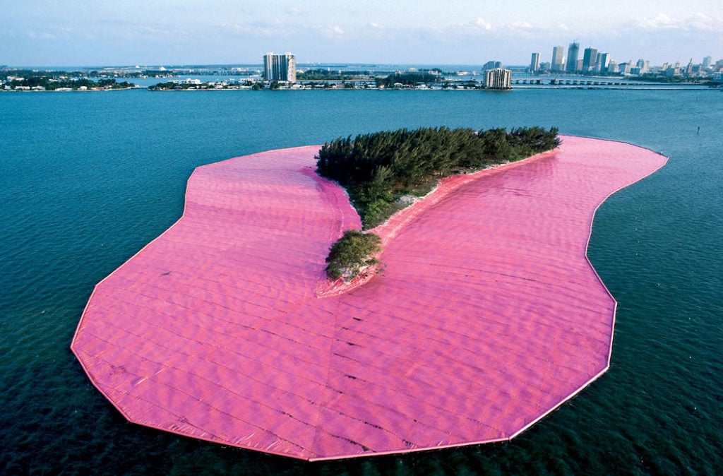 Christo and Jeanne-Claude, <em>Surrounded Islands</em> (1980–83), Biscayne Bay, Miami. Photo by Wolfgang Volz ©1983 Christo.