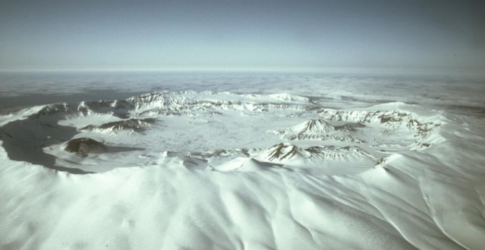 Okmok Caldera, Alaska. Photo by J. Reeder. Alaska Division of Geological and Geophysical Surveys.