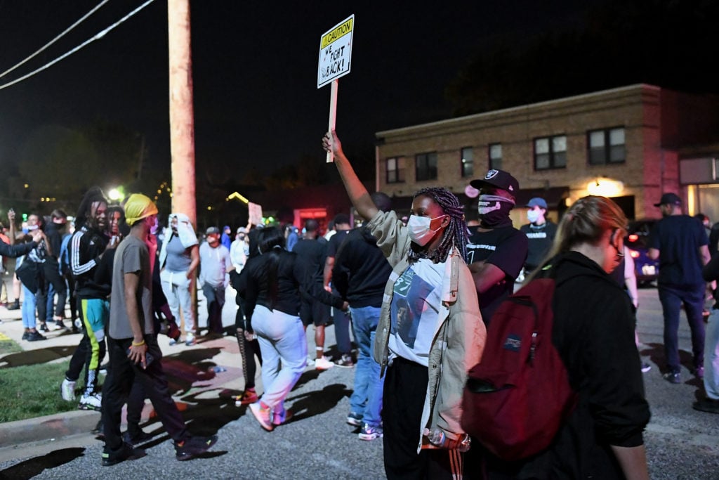 Protesters demonstrate at the Ferguson Police Department on May 31, 2020 in Ferguson, Missouri, over the police killing of George Floyd. Photo by Michael B. Thomas/Getty Images.
