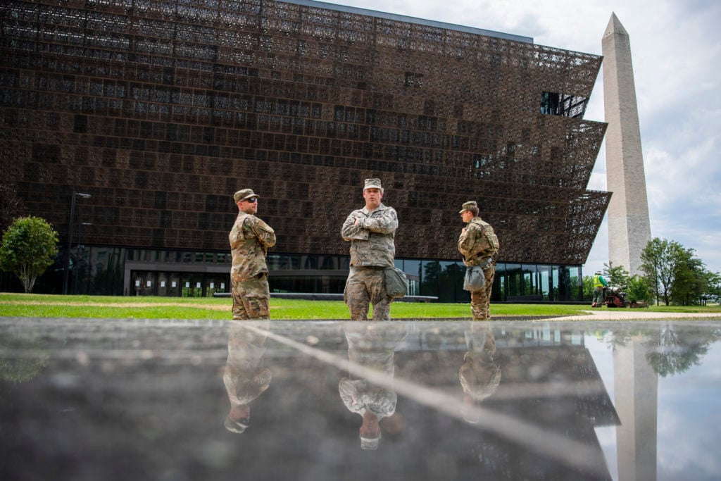 Members of the DC National Guard patrol outside the Smithsonian National Museum of African American History and Culture on Wednesday, June 3, 2020, after days of protests sparked by the death of George Floyd occurred throughout the city. Photo by Tom Williams/CQ-Roll Call, Inc via Getty Images.