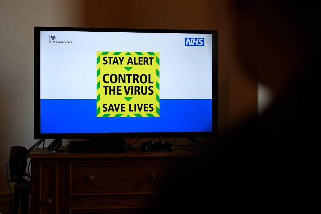 UK government's new slogan "Stay Alert, Control the Virus, Save Lives." Photo by George Wood/Getty Images.