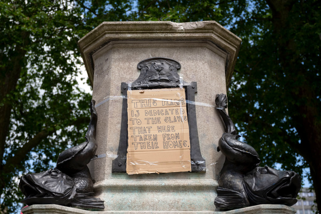 The now-empty Edward Colston statue plinth. Photo by Matthew Horwood/Getty Images.
