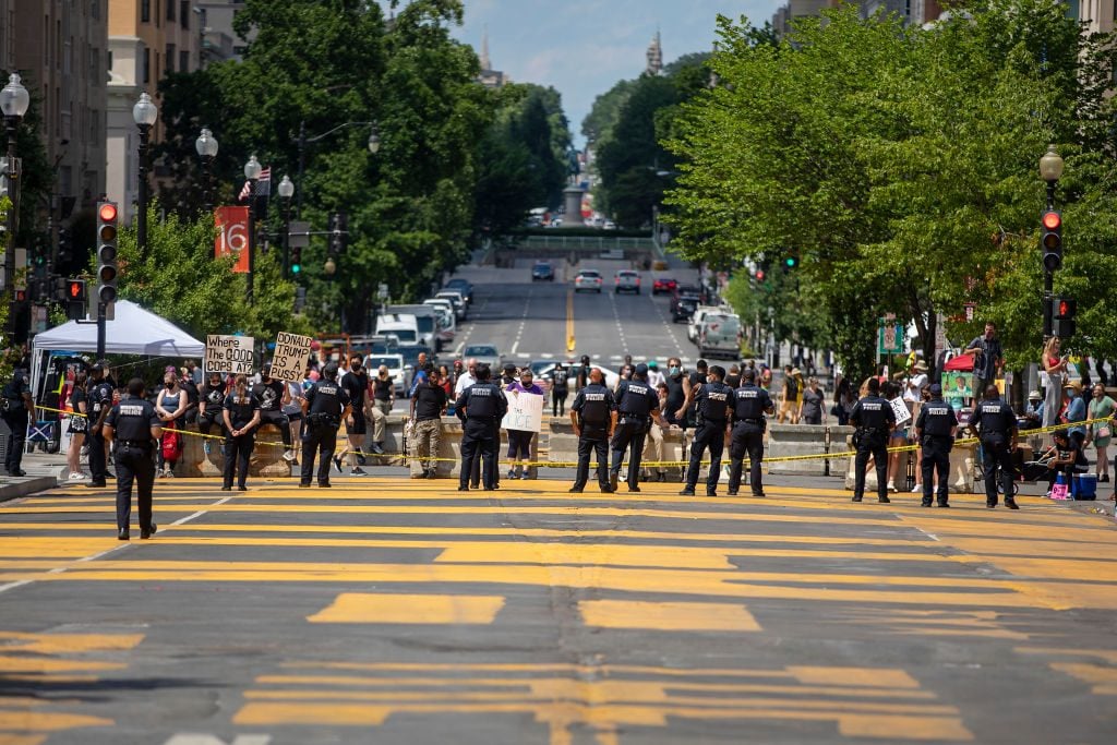 The area of Black Lives Matter Plaza is shown cleared of protesters after a failed attempt to take down the statue of President Andrew Jackson at Lafayette Park on June 24, 2020 in Washington, DC. Photo: Tasos Katopodis/Getty Images.
