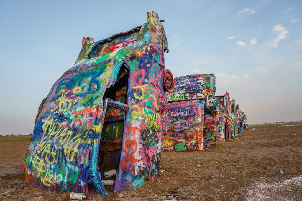 Cadillac Ranch, a public art installation and sculpture created in 1974 by Chip Lord, Hudson Marquez and Doug Michels on December 22, 2020 in Amarillo, Texas. Photo by Josh Brasted/Getty Images.