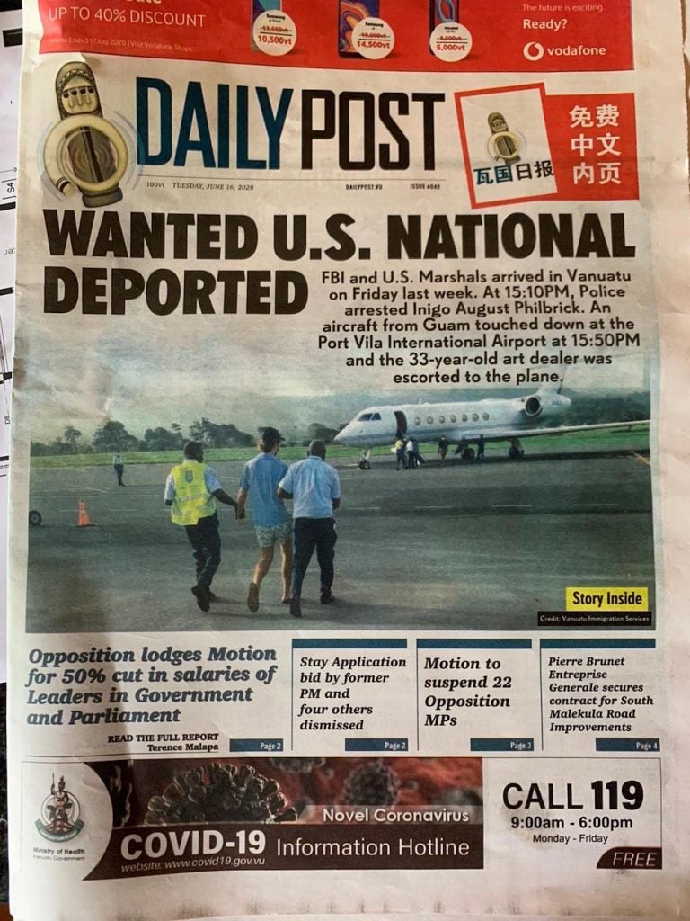 Inigo Philbrick's arrest on the front cover of the Vanuatu newspaper, The Daily Post