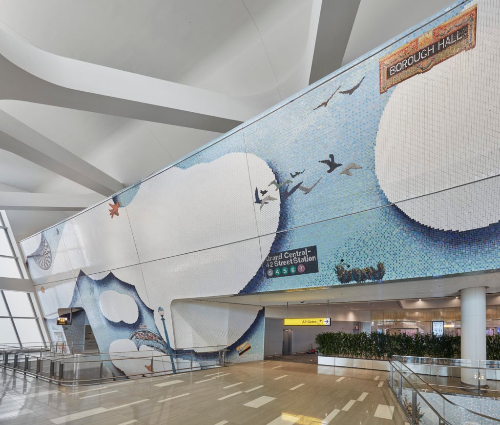 Laura Owens, I [pizza emoji] NY (2020). Commissioned by LaGuardia Gateway Partners in partnership with Public Art Fund for LaGuardia Airport’s Terminal B. Photo by Tom Powel Imaging, courtesy of the artist; Gavin Brown’s Enterprise, New York, Rome; Sadie Coles HQ, London; and Galerie Gisela Capitan, Cologne.