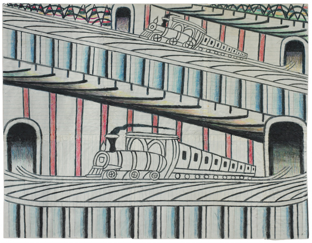 Martín Ramírez, Untitled (Trains on Inclined Tracks) (1960–1963). Courtesy of Ricco/ Maresca.