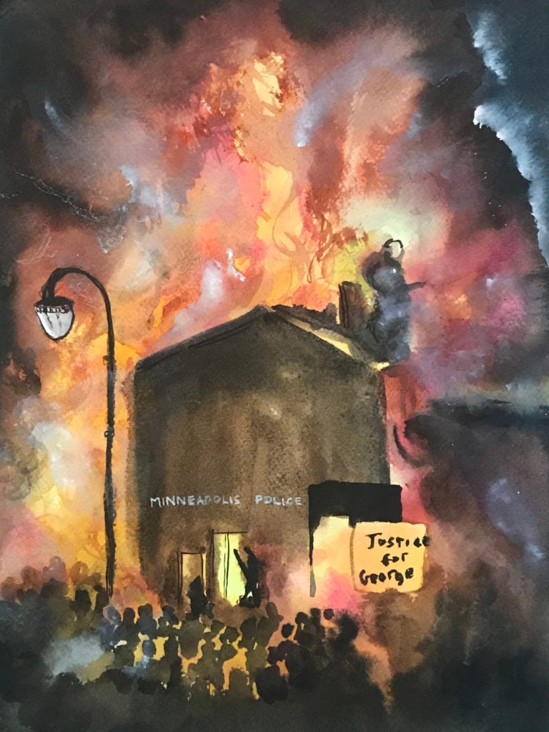 Kambui Olujimi, "The 3rd Precinct Burns in Minneapolis" (2020). Image courtesy the artist.