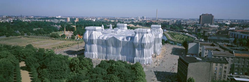 Christo and Jeanne-Claude, Wrapped Reichstag (1971–95), Berlin. Photo by Wolfgang Volz ©1995 Christo.