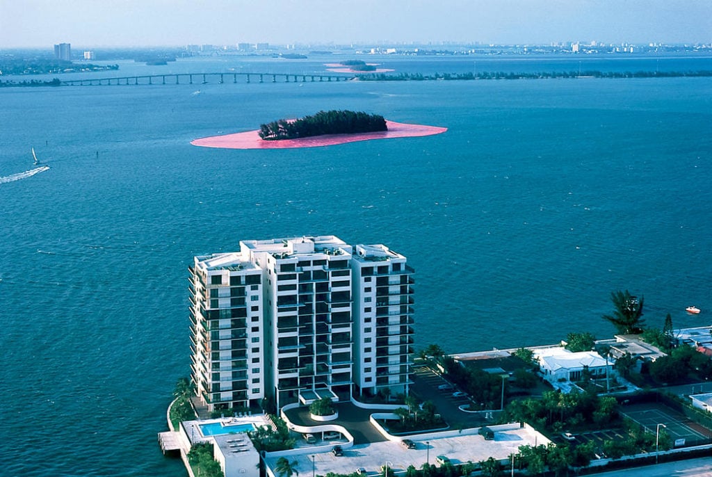 Christo and Jeanne-Claude, Surrounded Islands (1980–83), Biscayne Bay, Miami. Photo by Wolfgang Volz ©1983 Christo.