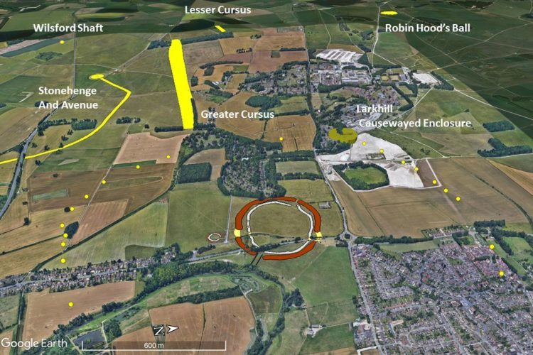 A Google Earth image edited show the 20 late Neolithic period pits discovered encircling Durrington Walls. Image courtesy of EDINA Digimap Ordnance Survey Service. 