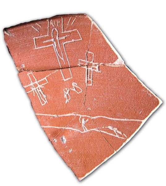 Spanish archaeologist Eliseo Gil claimed this pottery shard was an early depiction of the crucifixion, but the carving it has since proved to be a modern addition. The "RIP" was a crucial clue, as Christians believe in the divinity of Jesus and would not have written something implying he was dead. Photo courtesy of the Álava Provincial Government.