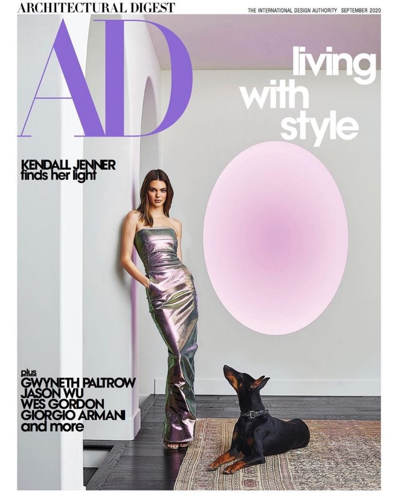 Kendall Jenner and her prized James Turrell sculpture appears on the cover of the August 2020 issue of Architectural Digest. Photo by William Abranowicz, courtesy of Architectural Digest.