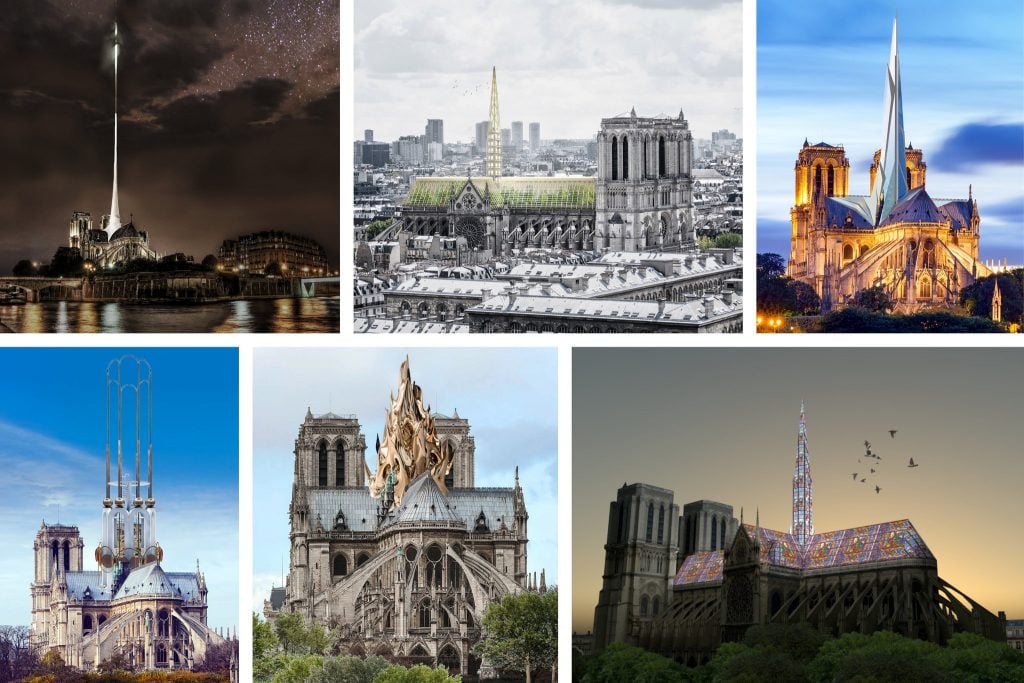 Proposals for rebuilding the roof and spire of Notre Dame Cathedral Paris. Images courtesy of Vizum Atelier; Nicolas Abdelkader/Studio NAB; Alexandre Chassang/ABH Architectes; Alexandre Fantozzi/AJ6; Mathieu Lehanneur; Dakis Panayiotou/Kiss the Architect.