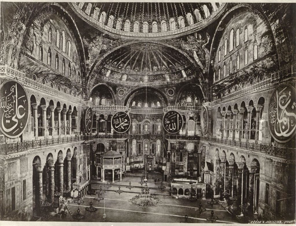An interior view of Istanbul's Hagia Sophia in the 1930s. Photo by Sébah & Joaillier, SALT Research, Ali Saim Ülgen Archive