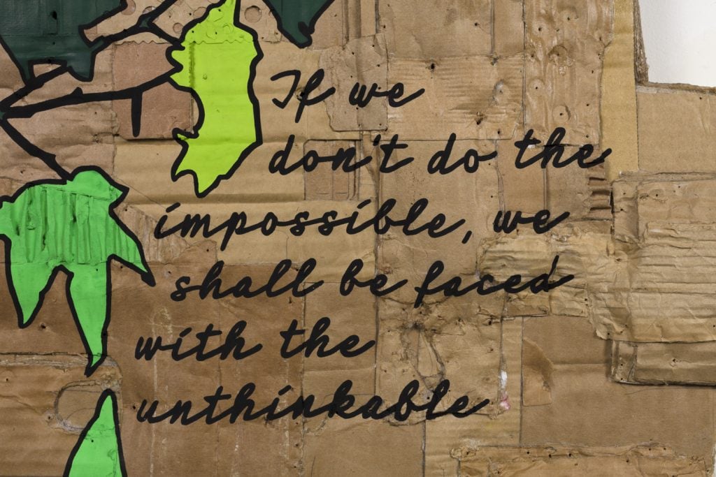 Andrea Bowers, <i>If We Do Not Do the Impossible We Shall Be Faced With the Unthinkable</i> (2020) [detail]. Courtesy of the artist and Jessica Silverman Gallery. 