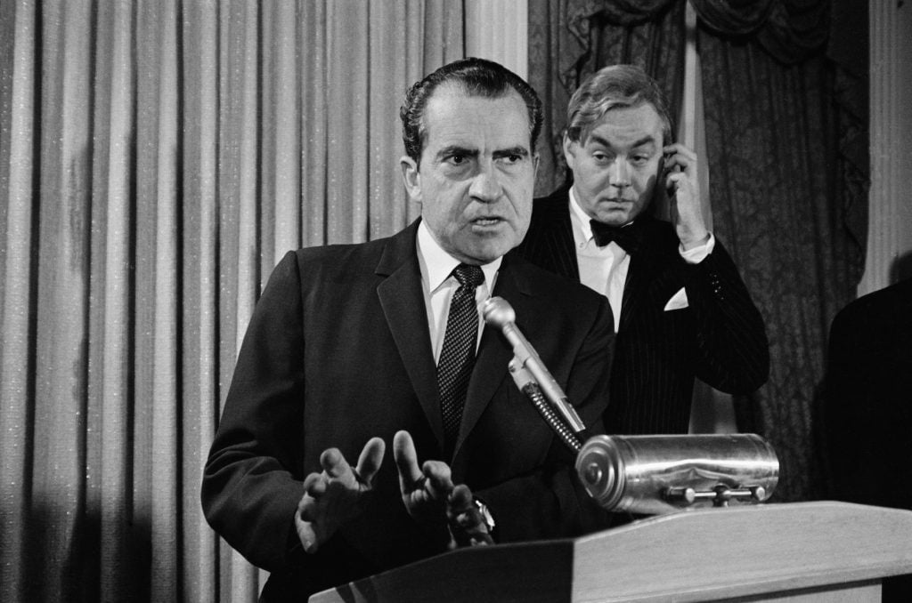 President elect Richard Nixon introduces the head of his council of urban affairs, Daniel P. Moynihan. Image courtesy Getty Images.