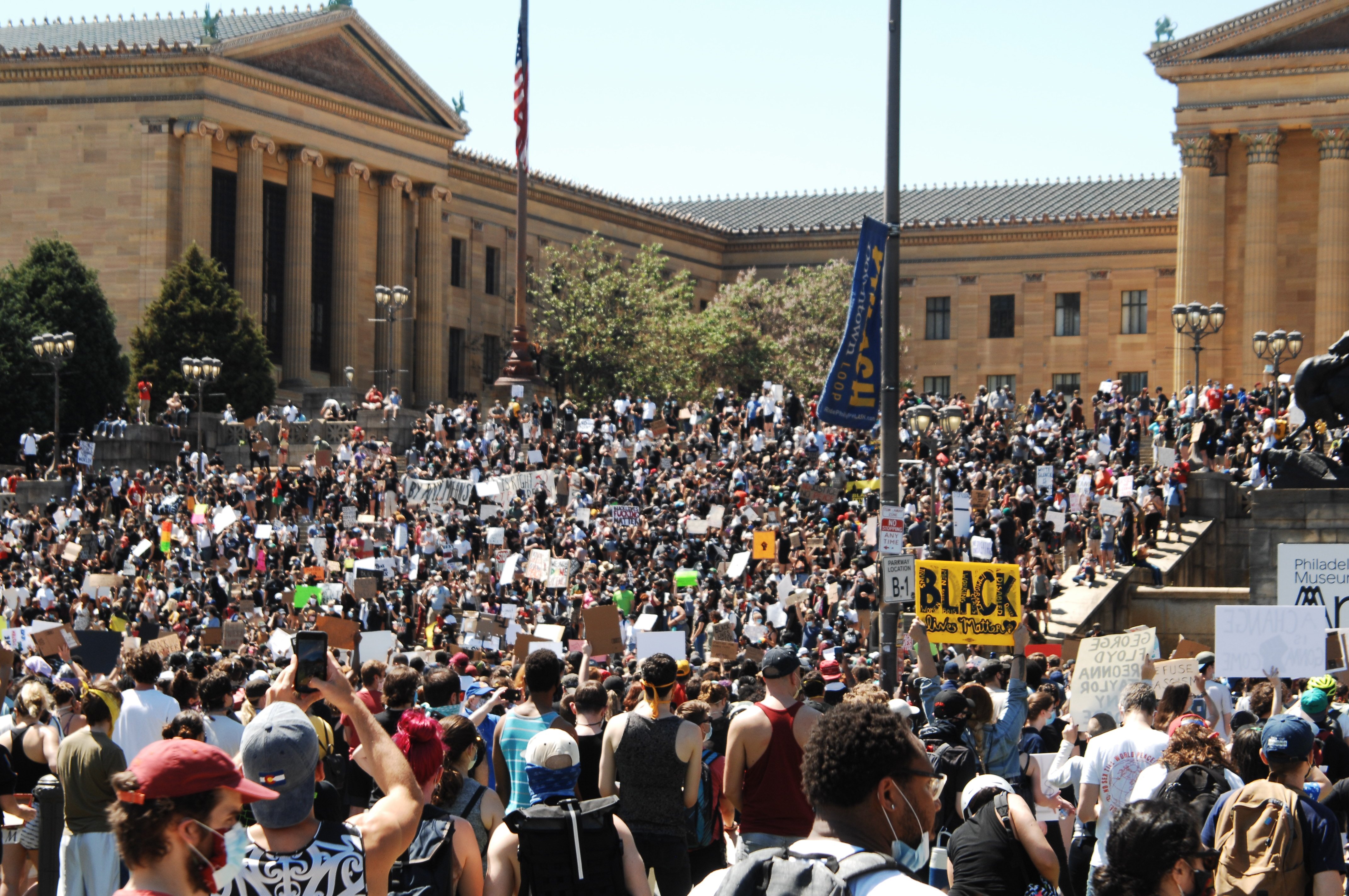 Black Lives Matter, Philly Real Justice, and thousands of Philadelphians rallied on the steps of the Philadelphia Art Museum. Photo by Cory Clark/NurPhoto via Getty Images.