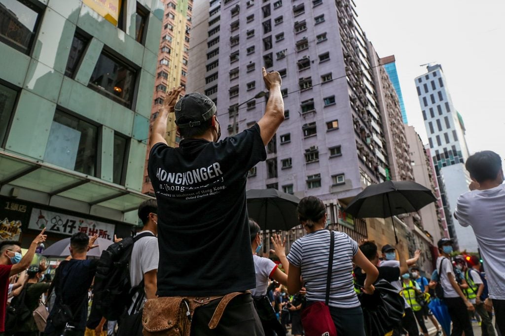 Protests against the National Security Law in Hong Kong on July 1, 2020. (Photo by Katherine Cheng/SOPA Images/LightRocket via Getty Images)