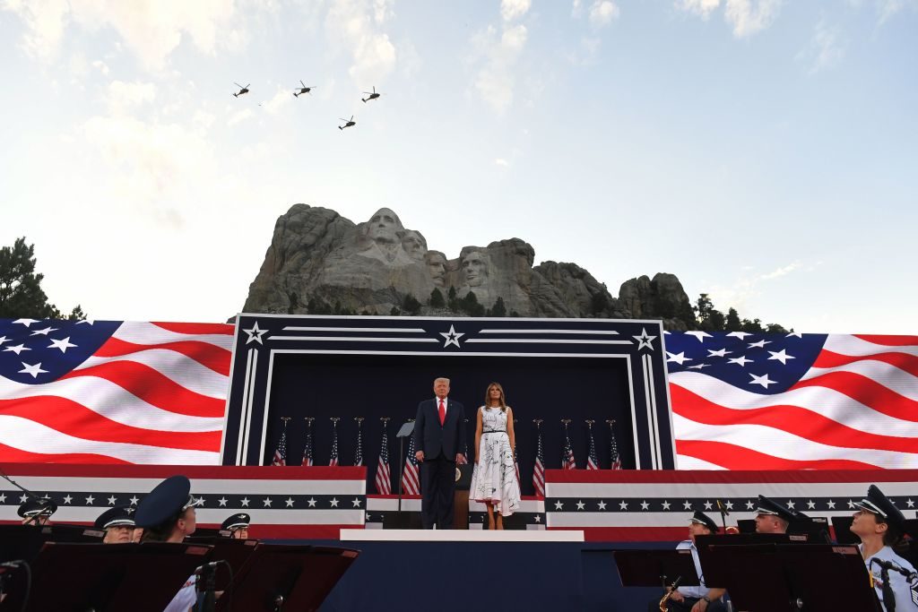 US President Donald Trump and First Lady Melania Trump arrive for the Independence Day events at Mount Rushmore National Memorial in Keystone, South Dakota, July 3, 2020. Photo: Saul Loeb / AFP via Getty Images.