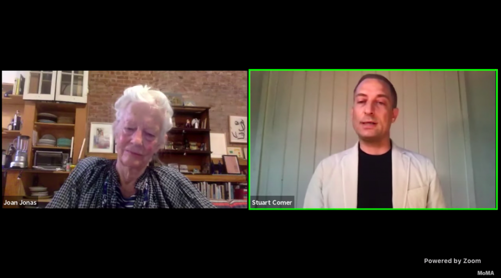 Screenshot of the Museum of Modern Art's "Live Q&A with Joan Jonas and Stuart Comer."