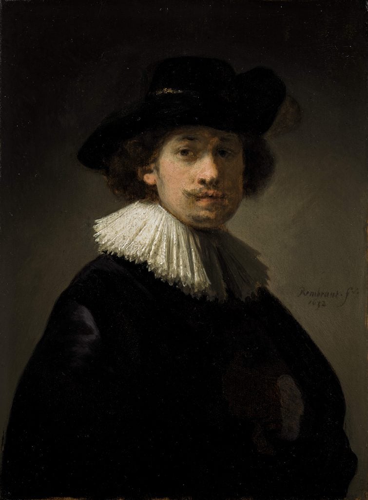 Rembrandt Marmensz van Rijn, Self-Portrait of the Artists, half length, wearing a ruff and a black hat.  Courtesy of Sotheby's.