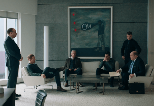 Painting by filmmaker David Lynch fill Axe Capital headquarters in season five of <em>Billions</em>. Courtesy of Showtime. 
