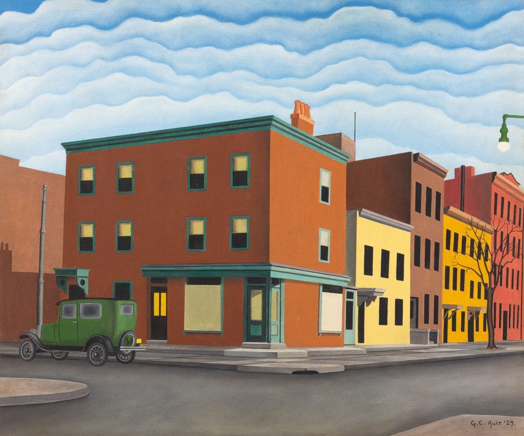 George Copeland Ault, <em>Morning in Brooklyn</em> (1929). The painting is now thought to be a forgery by D.ZB. Henkel. Photo courtesy of Leslie Hindman Auctioneers. 
