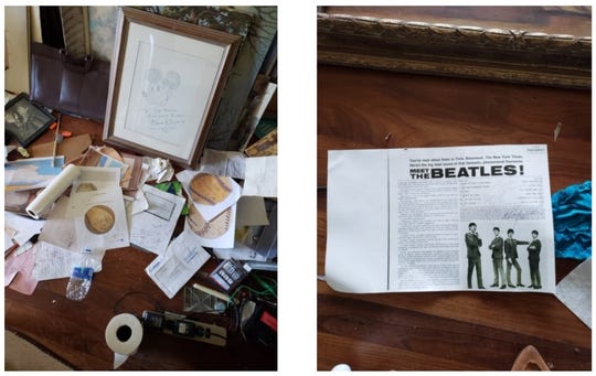 The FBI raid at the home of D.B. Henkel turned up purported memorabilia including a Mickey Mouse drawing with a Walt Disney signature and an advertisement for the Beatles. Photo courtesy of the FBI.