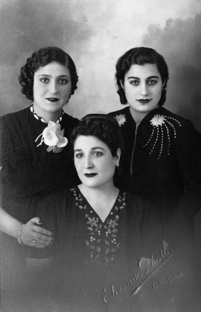 Michael Rakowitz's grandmother, Renée Isaac David (Née Shamoon), center, with her sister Marcel, left, and her friend Leoni in Baghdad, Iraq, (circa 1940). Photo courtesy of the artist.