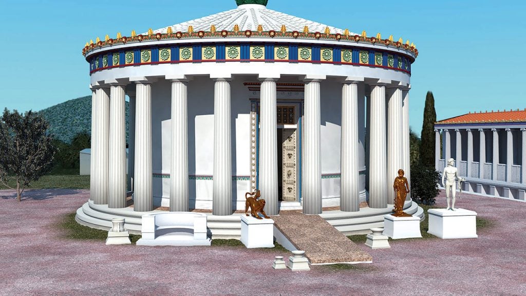 Reconstruction of the fourth-century BC tholos at the Sanctuary of Asklepios at Epidauros. Rendering ©2019 J. Goodinson; scientific advisor J. Svolos.