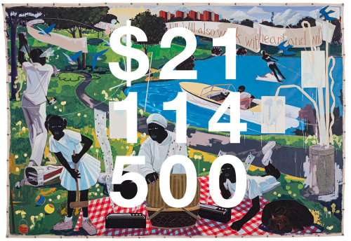 A derivative of Kerry James Marshall’s painting <i>Past Times</i> (1997). 