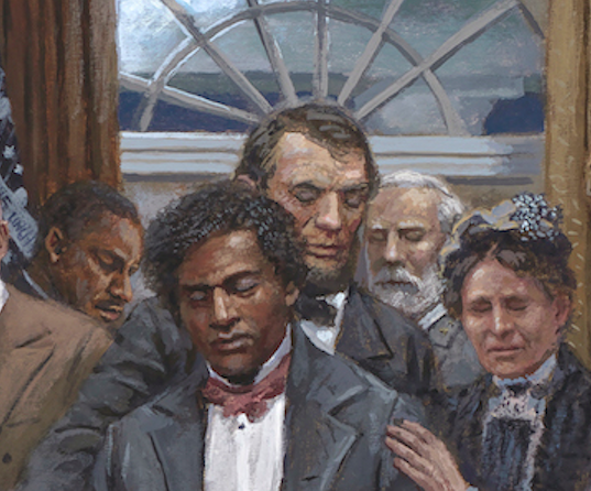Detail of Jon NocNaughton's <em>Legacy of Hope</em>, with Robert E. Lee at standing behind Abraham Lincoln, at center.