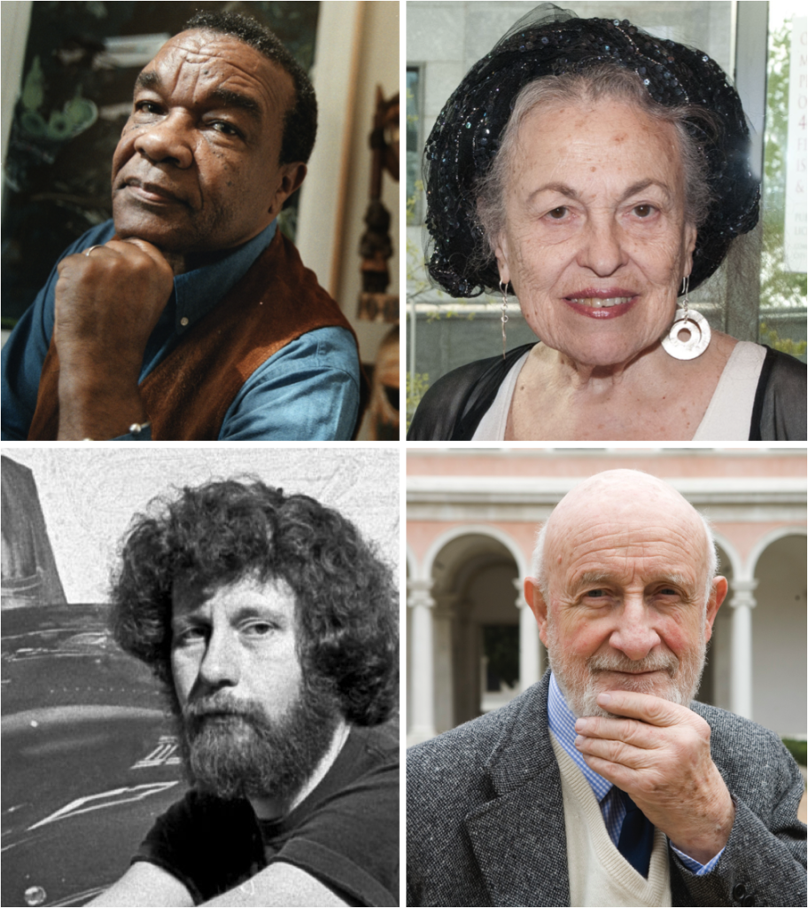 Clockwise from left: David Driskell, photo by the Washington Post/Getty Images; Helène Aylon photo by the Jewish Women's Archive, Creative Commons Attribution-Share Alike 2.0 Generic license.; Vittorio Gregotti, photo by Leonardo Cendamo/Getty Images; Tom Blackwell, photo by Jack Mitchell/Getty Images.