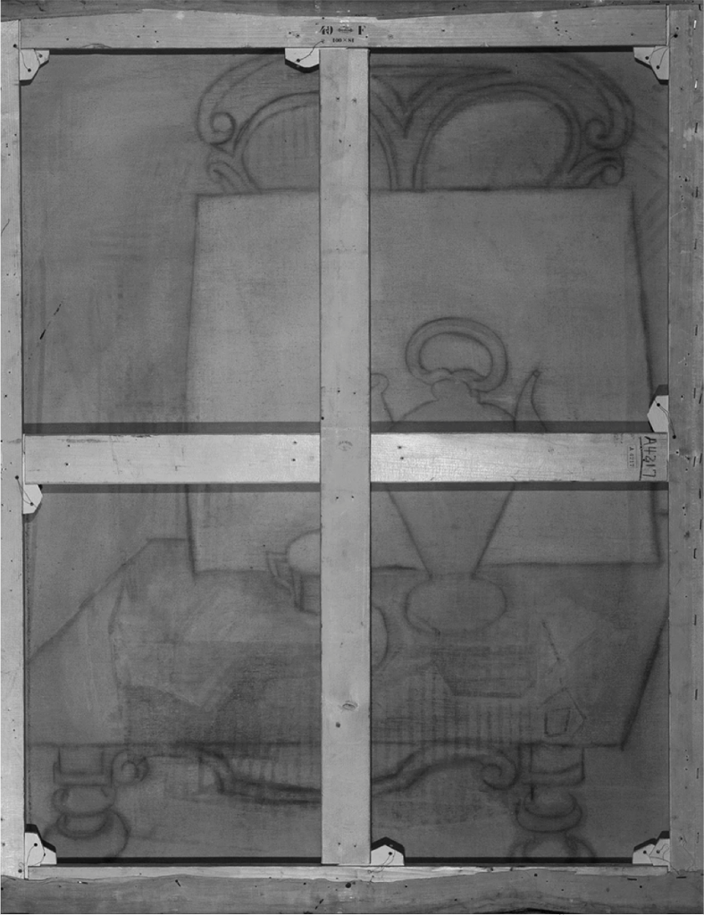 Infrared image of the reverse of Picasso’s Still Life showing traces of the first composition: a neo-classical still life. Courtesy of the Art Institute of Chicago.